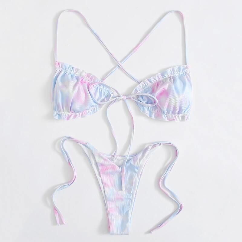

Tie Dye Frill Trim Bikini Swimsuit, Multicolor