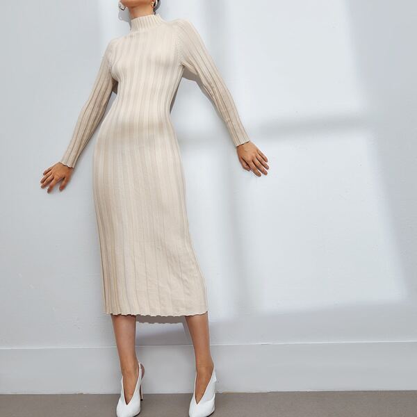 

Raglan Sleeve Solid Sweater Dress, Beige
