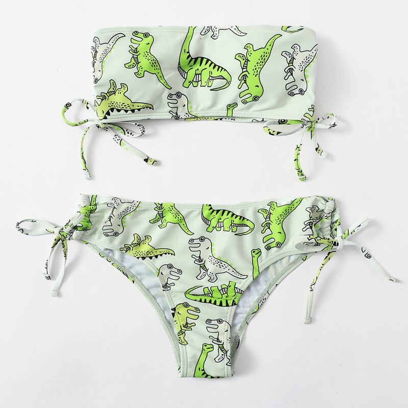 

Dinosaur Print Drawstring Side Bikini Swimsuit, Multicolor