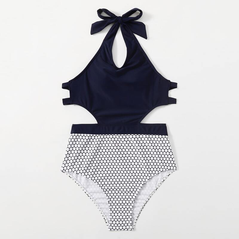 

Geometric Cut-out Halter One Piece Swimsuit, Multicolor