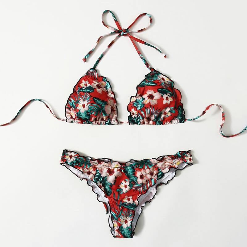 

Floral Frill Trim Bikini Swimsuit, Multicolor