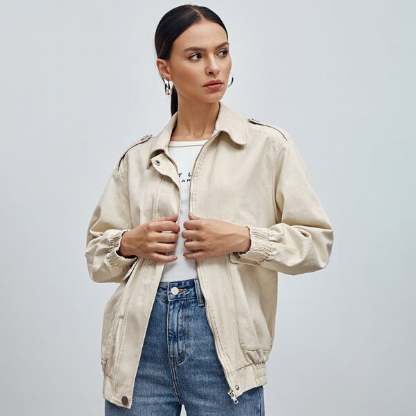 

Flap Pocket Zip Up Jacket, Beige