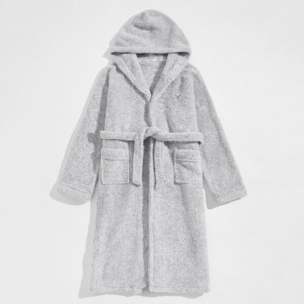 

Men Self Tie Hooded Flannel Robe, Light grey