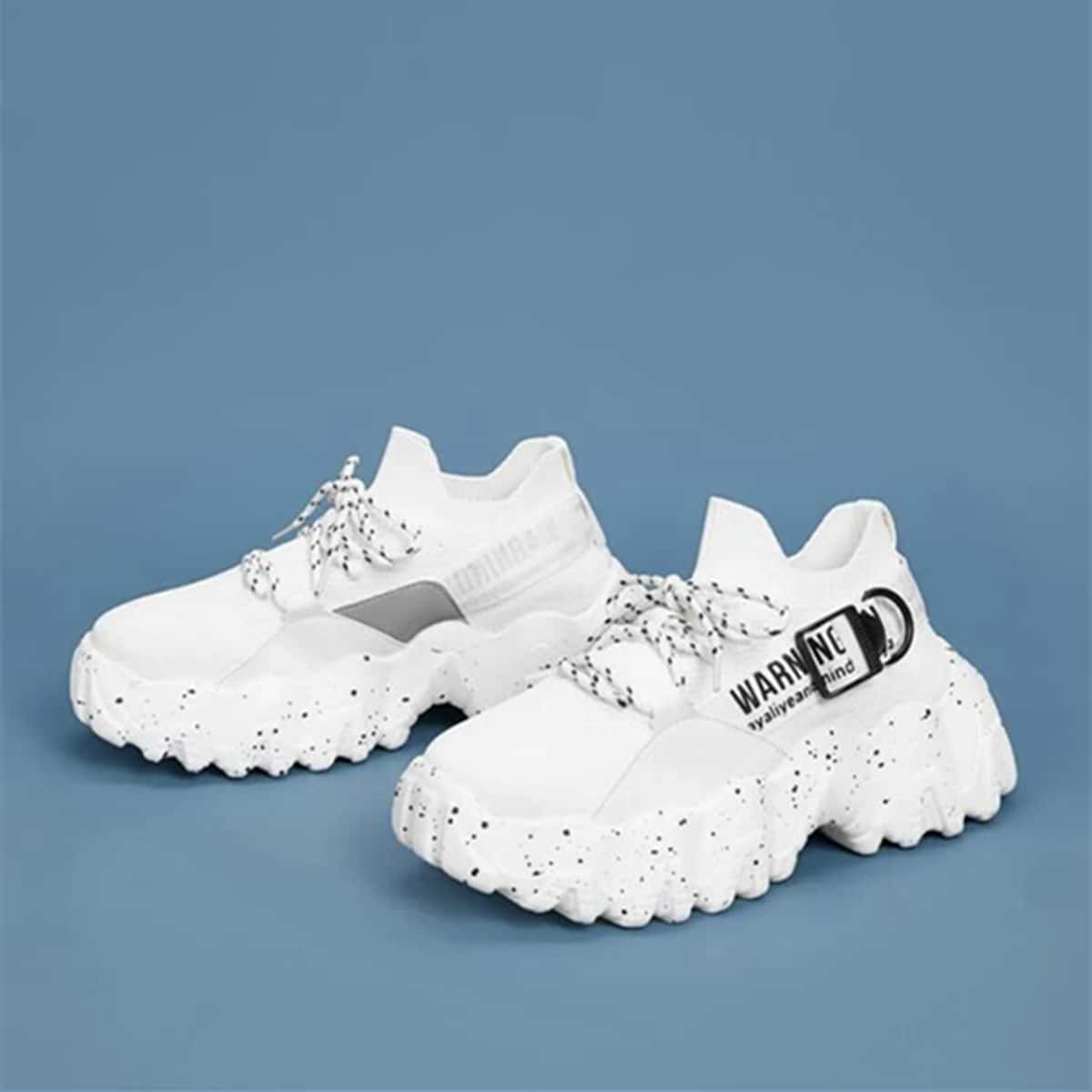 

Letter Buckle Lace-up Knit Chunky Sneakers, White
