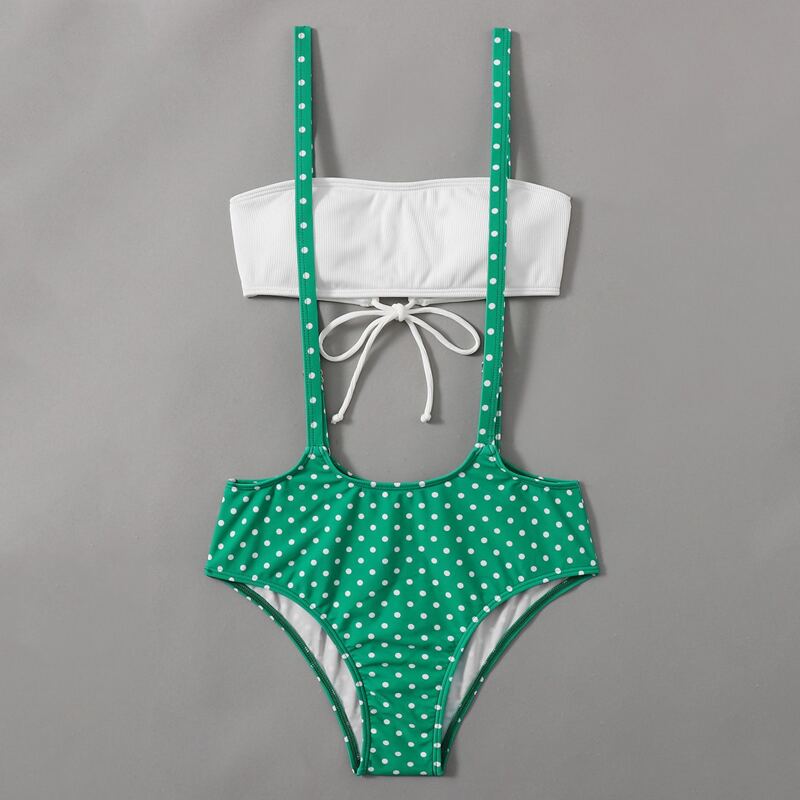 

Polka Dot Lace-up Suspender Bikini Swimsuit, Multicolor