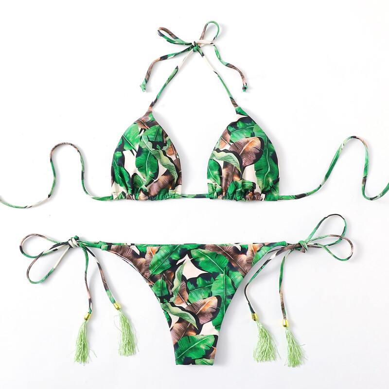 

Tropical Leaf Tassel Decor Bikini Swimsuit, Multicolor