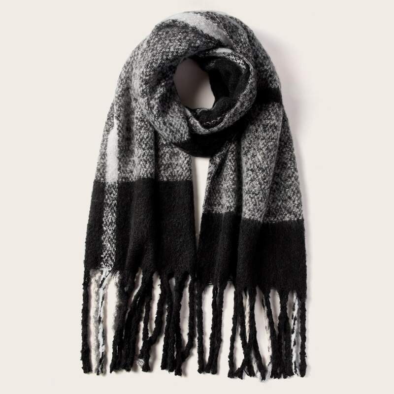 

Plaid Tassel Trim Blanket Scarf, Black