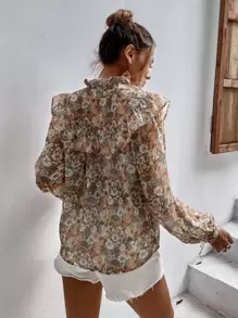 GENKIRA Floral Print Ruffle Trim Chiffon Blouse,Long Sleeve Tops Fall Cloth For Women - Multicolor - View 2
