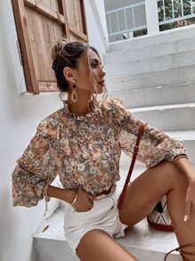 GENKIRA Floral Print Ruffle Trim Chiffon Blouse,Long Sleeve Tops Fall Cloth For Women - Multicolor - View 4