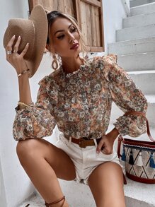 GENKIRA Floral Print Ruffle Trim Chiffon Blouse,Long Sleeve Tops Fall Cloth For Women - Multicolor - View 6