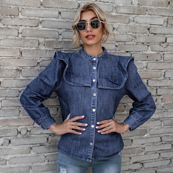

Ruffle Trim Button Front Denim Top, Medium wash