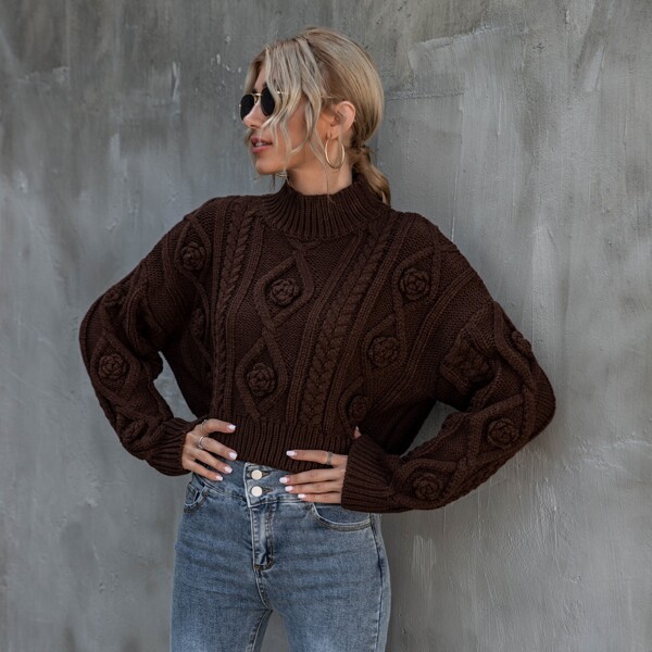 

Mock Neck Drop Shoulder Crop Sweater, Chocolate brown