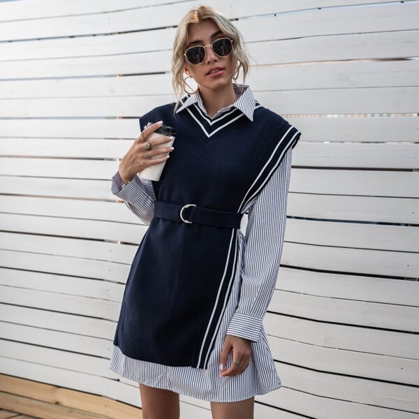 

Striped Belted Vest With Shirt Dress, Multicolor