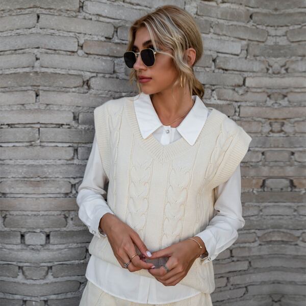 

Cable Knit Sweater Vest Without Blouse, Beige