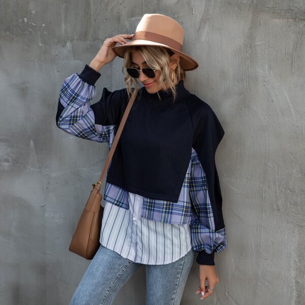 

2 In 1 Contrast Plaid Mock Neck Sweatshirt, Navy blue