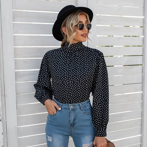 

Stand Collar Allover Print Bow Back Blouse, Black