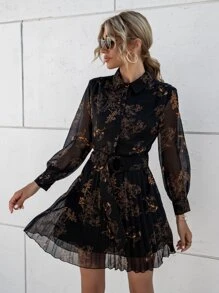 Aveloria Modichic Flower Print Belted Button Front Dress Fall Cloth For Women