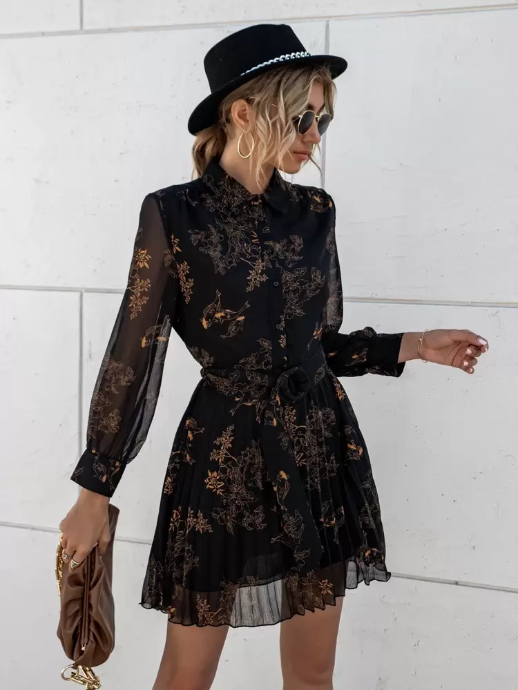 Flower Print Belted Button Front Dress Fall Cloth For Women