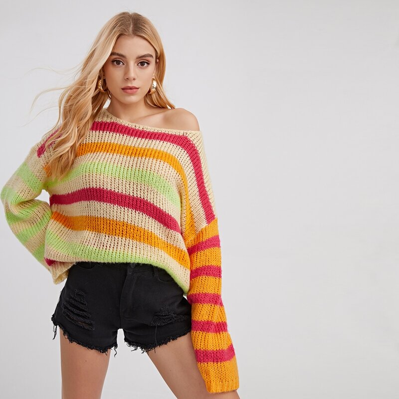 

Striped Colorblock Drop Shoulder Sweater, Multicolor