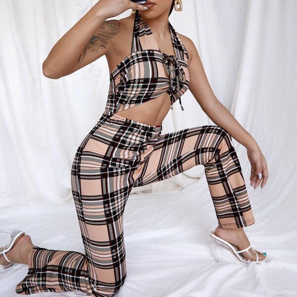 

Plaid Knot Front Cut Out Backless Halter Jumpsuit, Multicolor