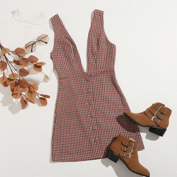 

Button Up Tweed Overall Dress, Multicolor