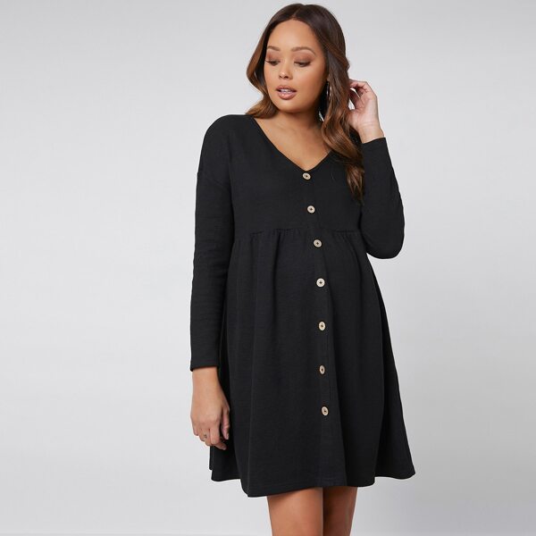 

Maternity V-neck Button Front Smock Dress, Black