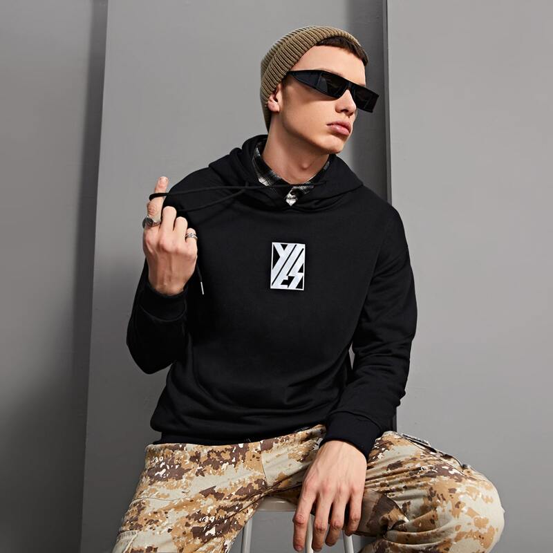 

Guys Letter Graphic Drawstring Hoodie, Black