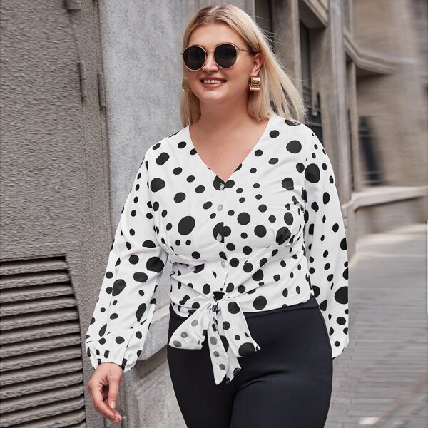

Plus Polka Dot Button Front Knot Hem Blouse, White