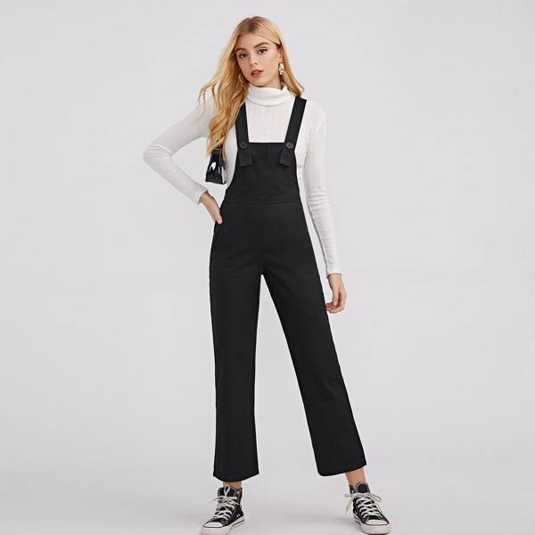 

Solid Button Detail Overall Jumpsuit, Black