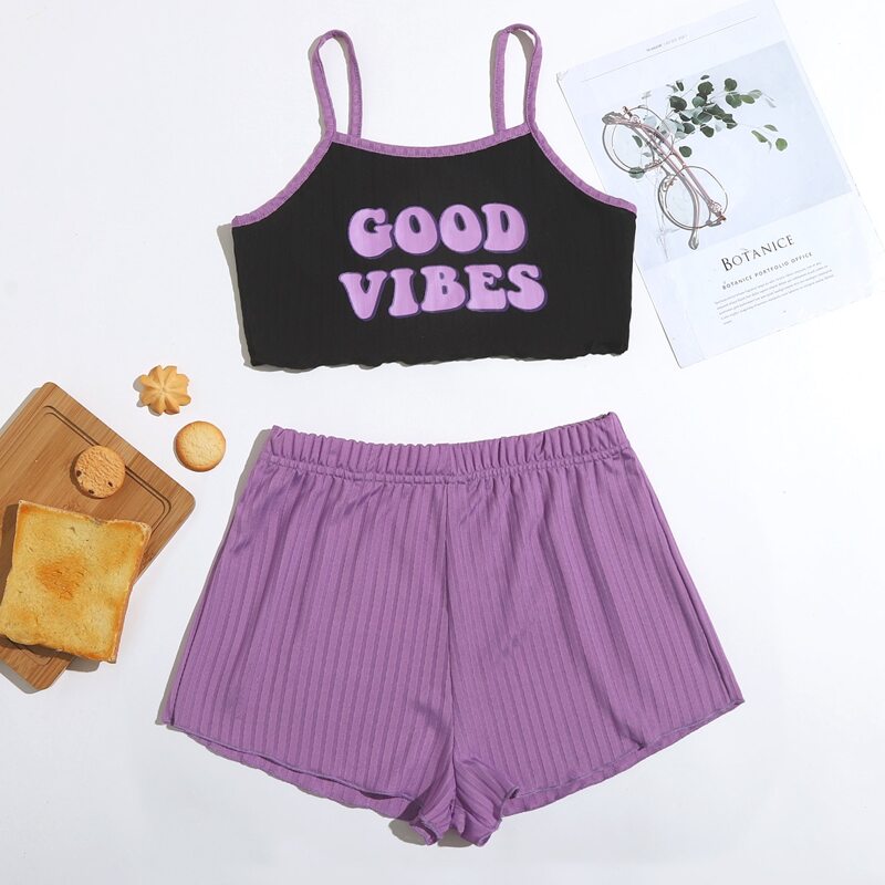

Slogan Graphic Lettuce Trim Cami Pajama Set, Multicolor