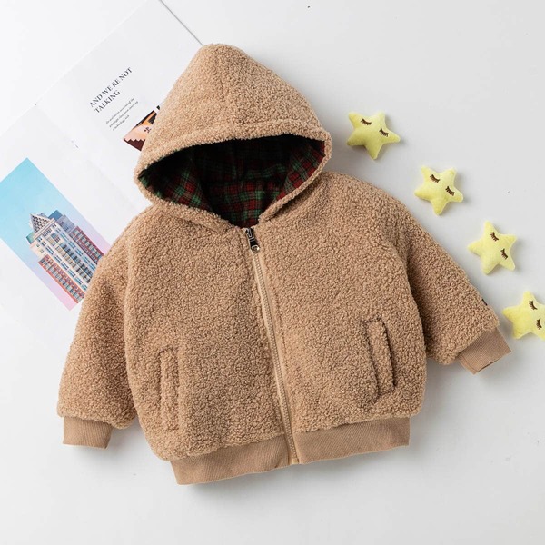 

Toddler Boys Letter Embroidery Teddy Hooded Jacket, Khaki