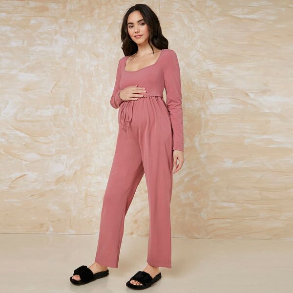 

Maternity Sweetheart Neck Crop Top & Drawstring Waist Pants Set, Dusty pink
