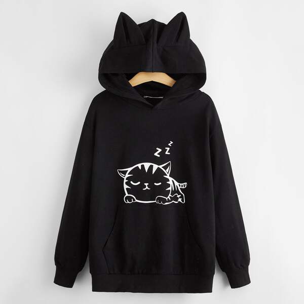 

Boys Cartoon Graphic Hoodie With Ears, Black