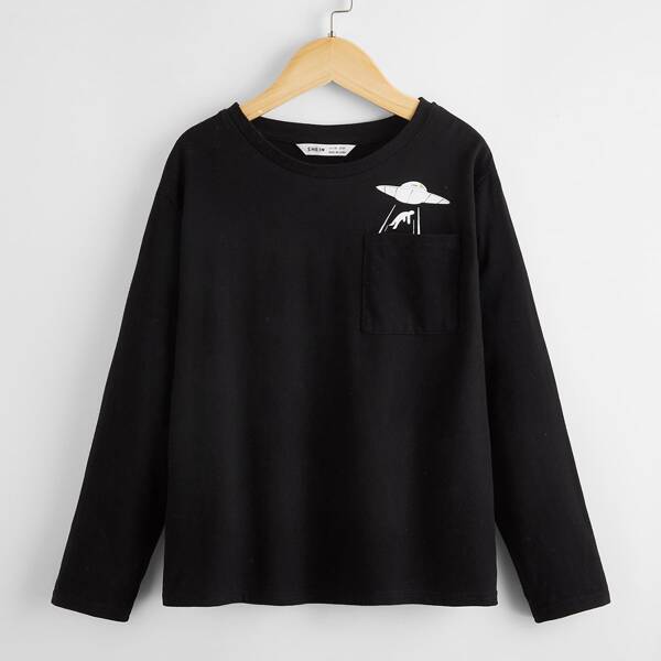 

Boys Cartoon Graphic Patch Pocket Tee, Black