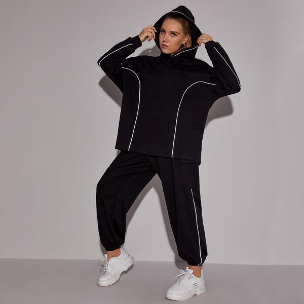 

Plus Drop Shoulder Contrast Piping Hoodie & Flap Pocket Joggers Set, Black