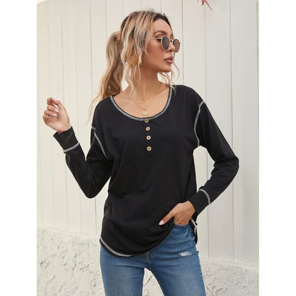 

Contrast Binding Button Detail Drop Shoulder Tee, Black