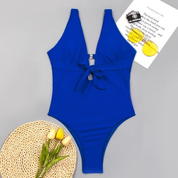 

Solid Knot Front One Piece Swimsuit, Royal blue