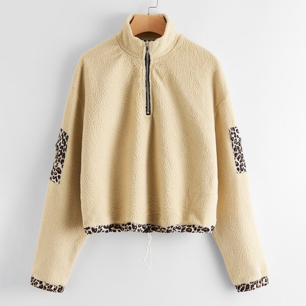 

Drawstring Hem Leopard Panel Teddy Pullover, Apricot