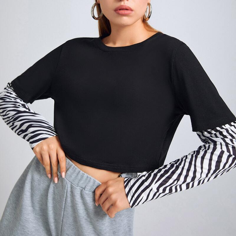 

Zebra Stripe Sleeve Crop Top, Black