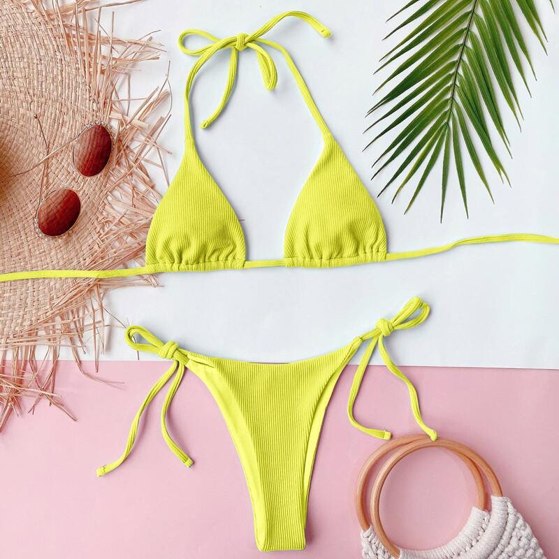

Rib Triangle Tie Side Bikini Swimsuit, Yellow
