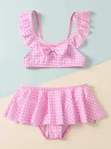 Young Girl Gingham Knot Front Bikini Set Summer Beach - Baby Pink - View 3