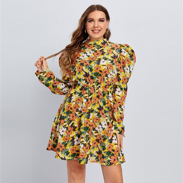 

Plus Mock Neck Gigot Sleeve Allover Floral Dress, Multicolor