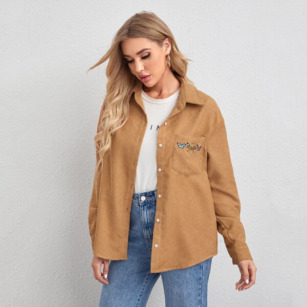 

Butterfly Embroidered Drop Shoulder Cord Blouse, Camel