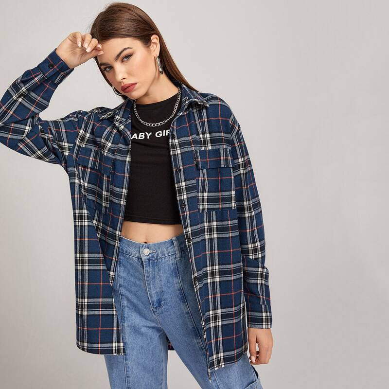 Plaid Boyfriend Shirt, Navy blue