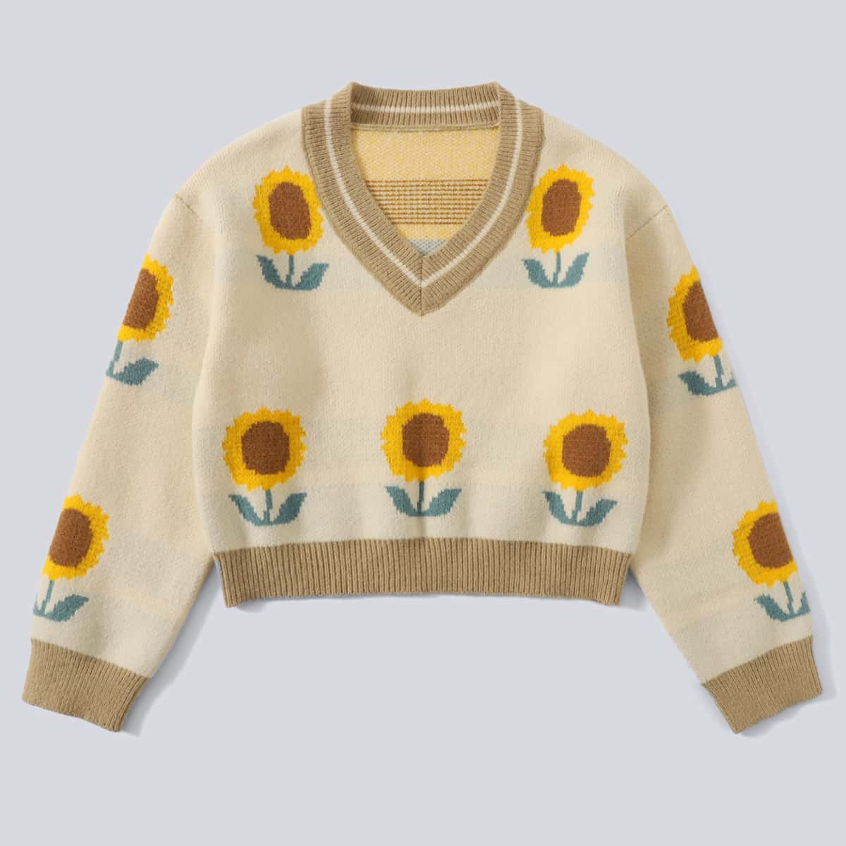 

Sunflower Pattern Crop Sweater, Apricot