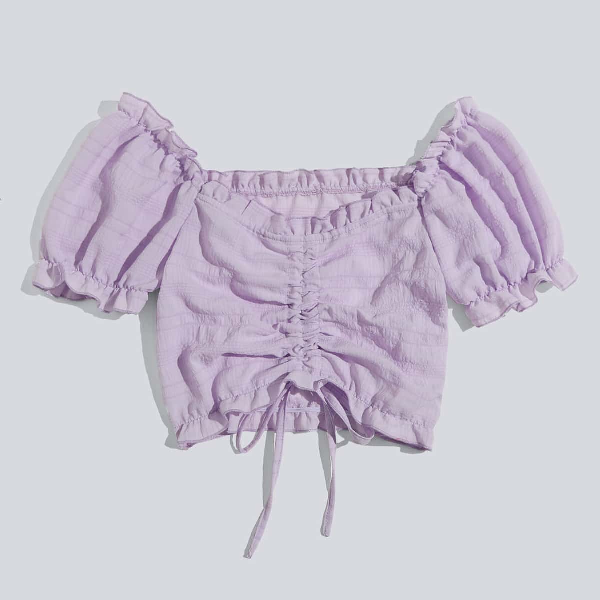 Frill Trim Drawstring Crop Top, Lilac purple
