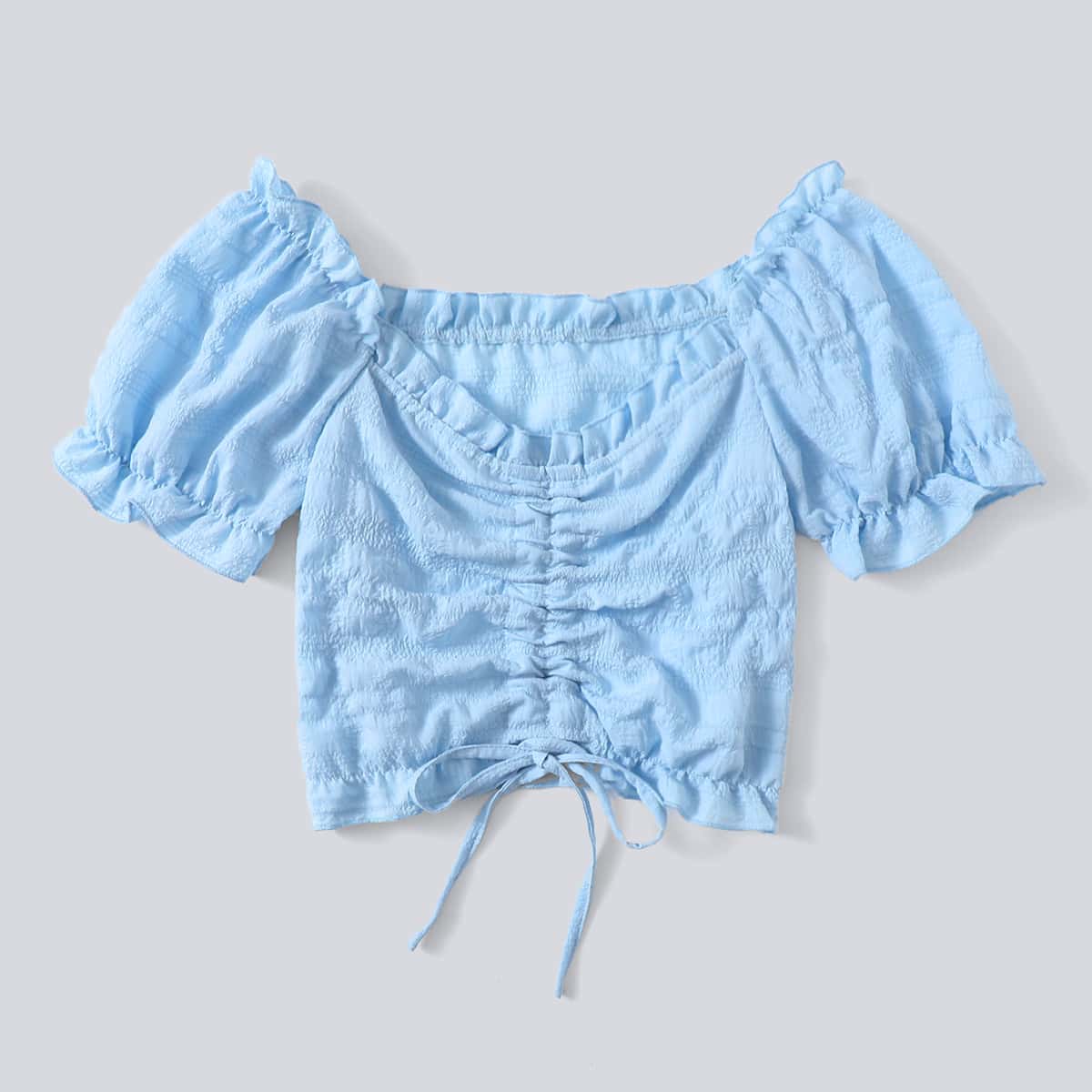 

Frill Trim Drawstring Crop Top, Baby blue