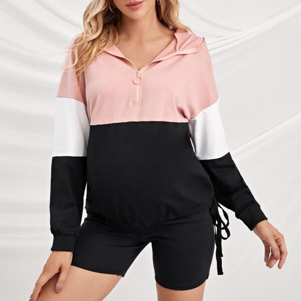 

Maternity O-ring Half Placket Colorblock Hoodie, Multicolor