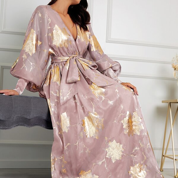 

Plunging Neck Lantern Sleeve Gold Floral Organza Dress, Dusty pink