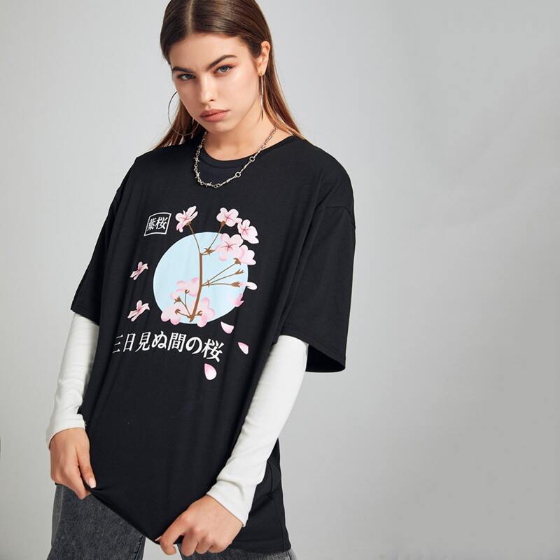 

Floral & Letter Graphic Oversized Tee, Black